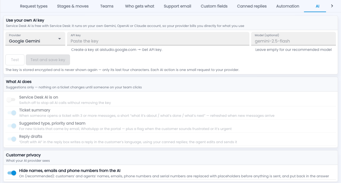 Tazk Service Desk — Setup › AI: your key, what AI does, and customer privacy
