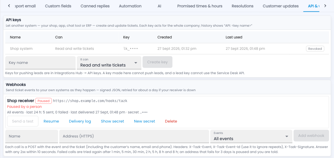 Tazk Service Desk — Setup › API & webhooks: keys and webhooks