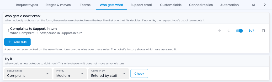Tazk Service Desk — Setup › Who gets what, with “Try it” underneath