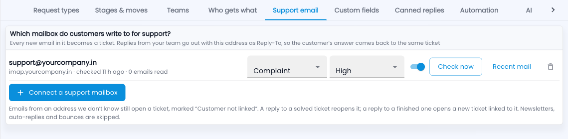 Tazk Service Desk — Setup › Support email: a connected mailbox