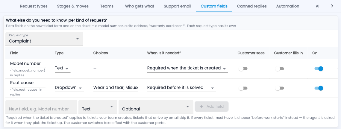 Tazk Service Desk — Setup › Custom fields for the Complaint type