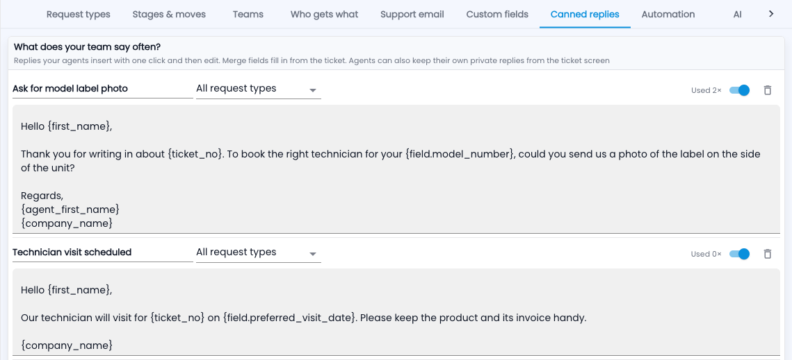 Tazk Service Desk — Setup › Canned replies with merge fields