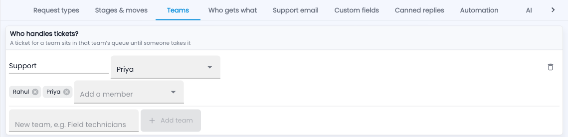 Tazk Service Desk — Setup › Teams: a team, its lead and its members
