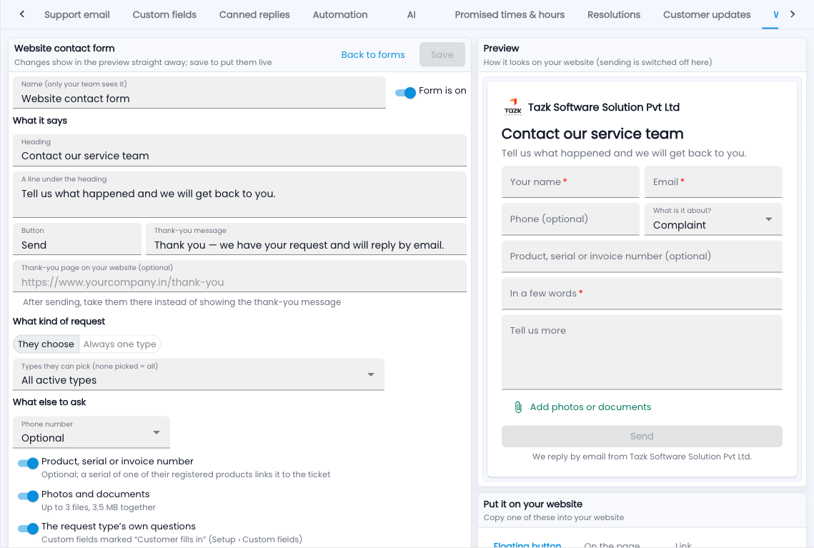 Tazk Service Desk — Setup › Web forms: the settings on the left, a live preview on the right