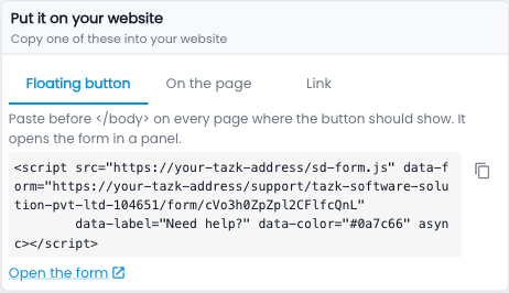 Tazk Service Desk — Copy the snippet you need