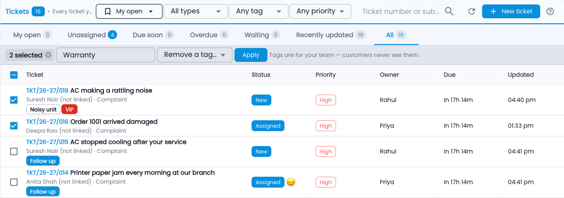 Tazk Service Desk — Tags in the queue: filter by tag, or tick tickets to tag them together