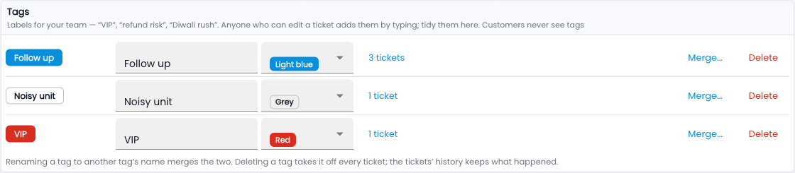 Tazk Service Desk — Setup › Tags: colours, renaming, merging and deleting