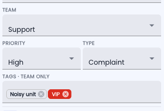 Tazk Service Desk — Tags on a ticket — type to add, × to remove
