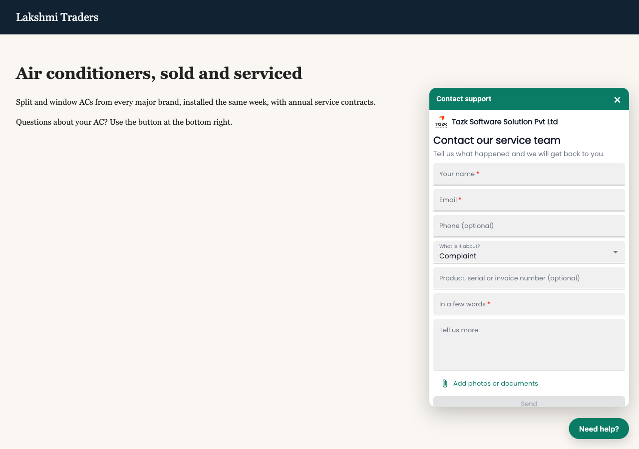 Tazk Service Desk — A floating “Need help?” button on a company’s website, opened