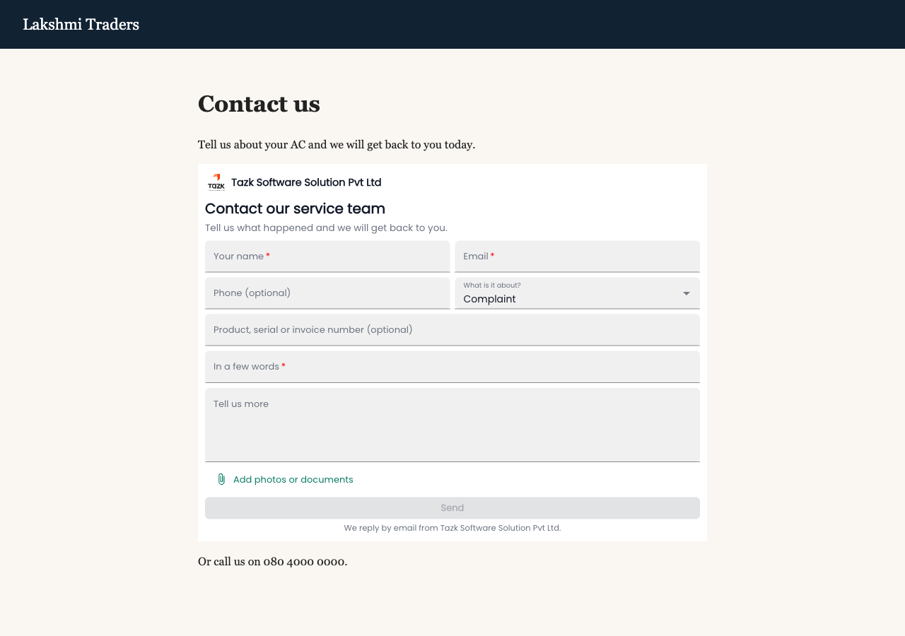 Tazk Service Desk — The same form placed on a Contact page