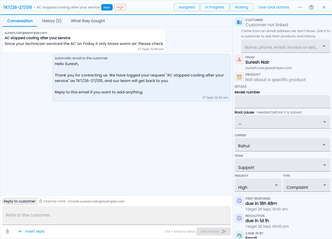 Tazk Service Desk — A ticket: the conversation on the left, everything about it on the right