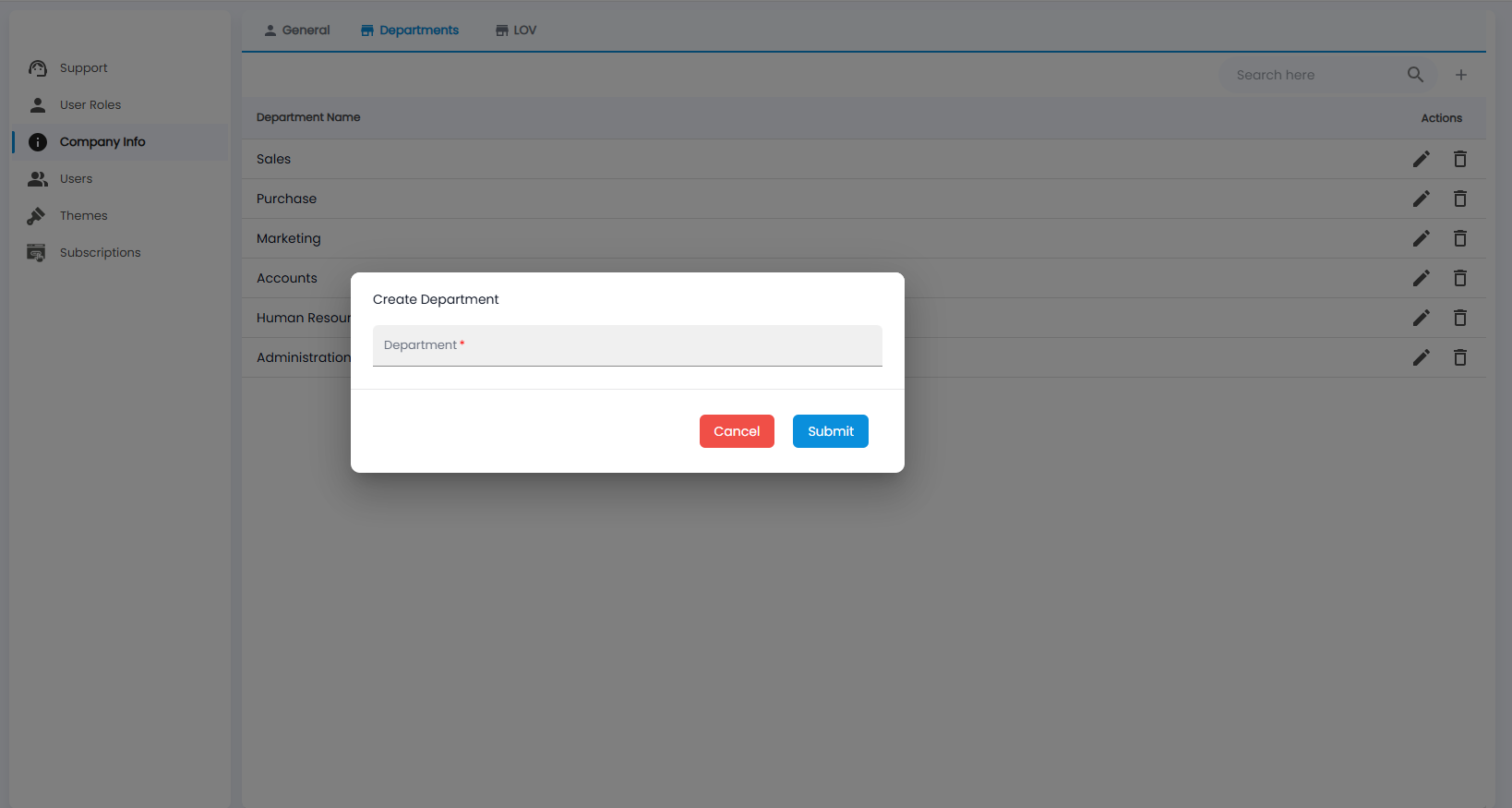 Tazk CRM Create Department dialog