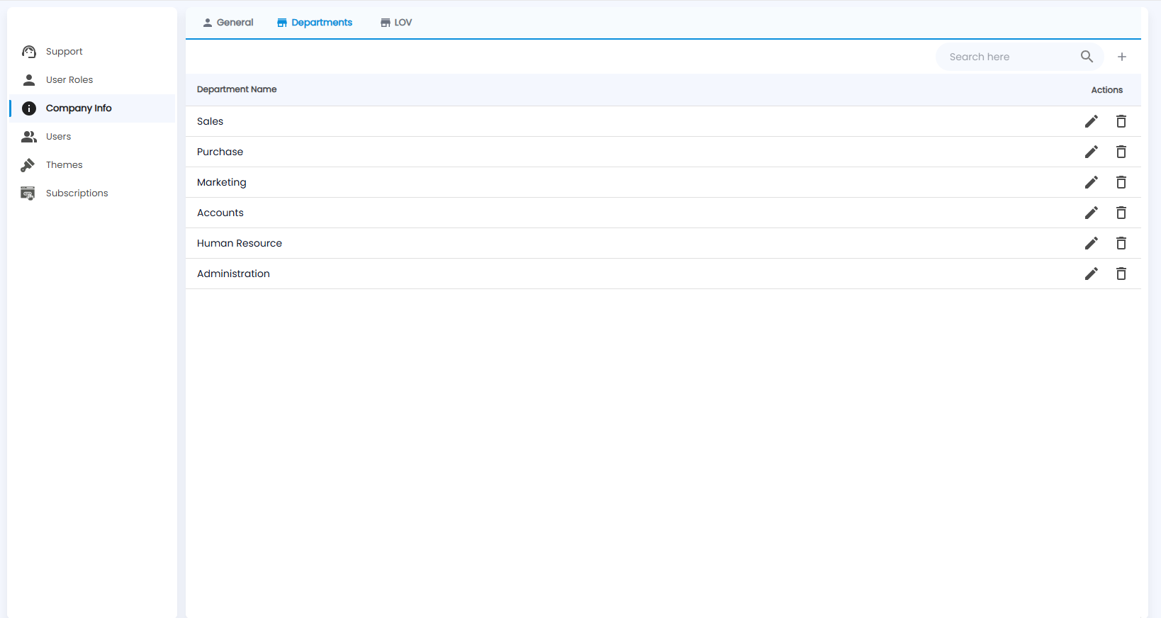 Tazk CRM Settings, Company Info Departments tab listing departments with edit and delete