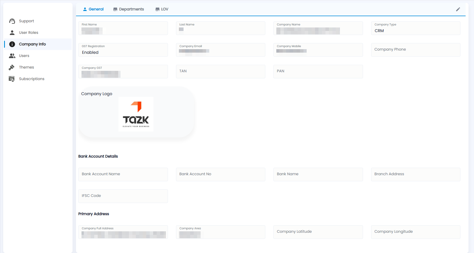 Tazk CRM Settings, Company Info General tab with name, company name, company type, GST, email, mobile, logo, bank account details and primary address (company details hidden)