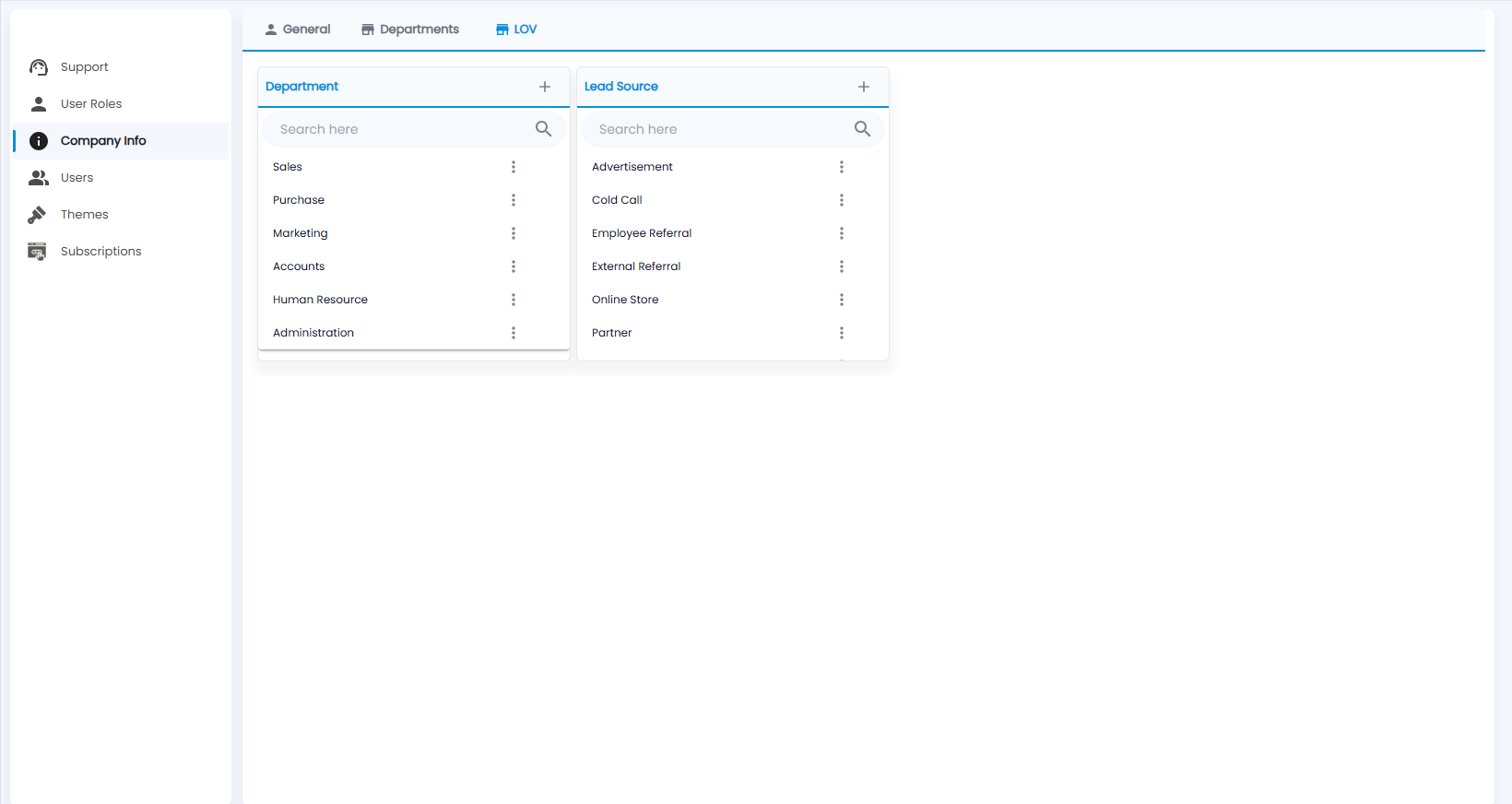 Tazk CRM Settings, Company Info LOV tab with the Department and Lead Source lists
