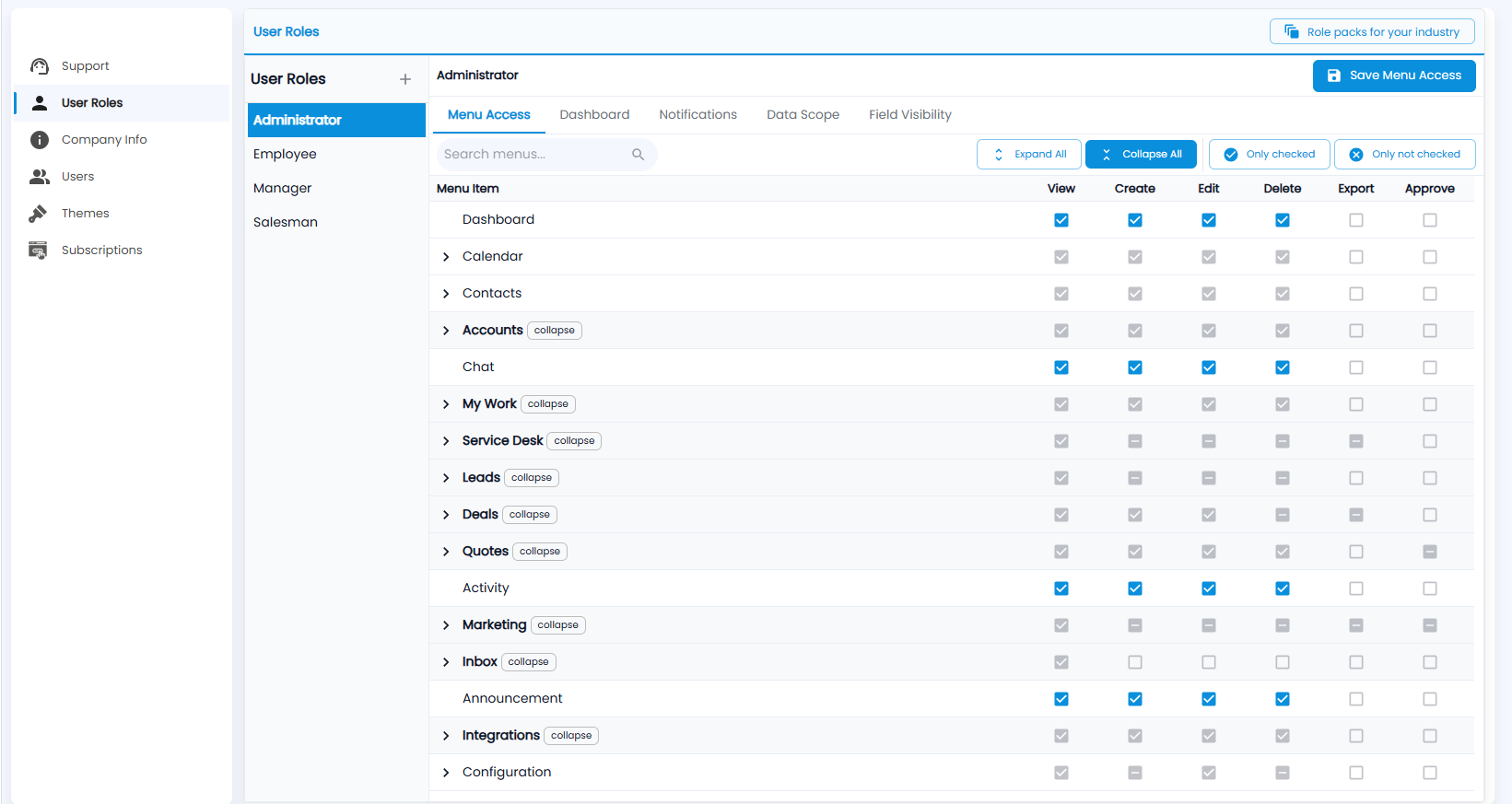Tazk CRM User Roles, Menu Access tab for Administrator: each menu with View, Create, Edit, Delete, Export and Approve tick boxes