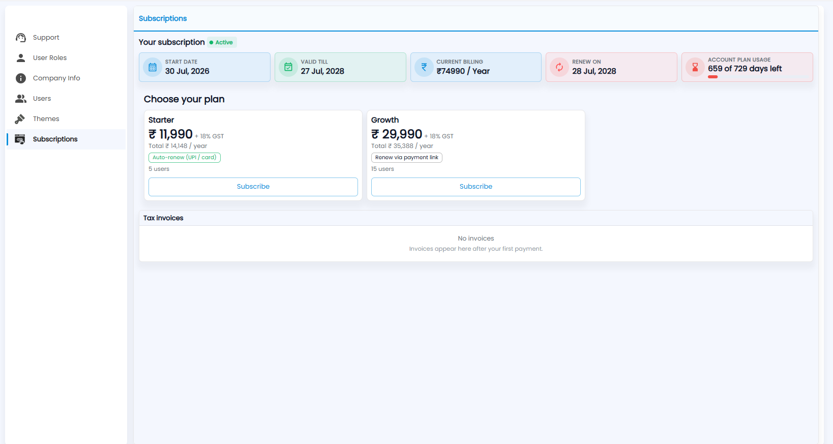 Tazk CRM Settings, Subscriptions with your subscription tiles, the Starter and Growth plans, and Tax invoices