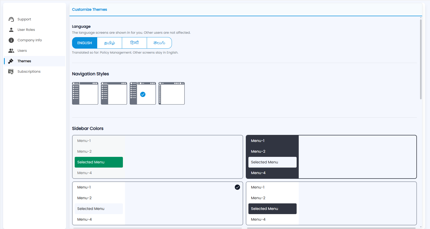 Tazk CRM Settings, Customize Themes with Language, Navigation Styles and Sidebar Colors