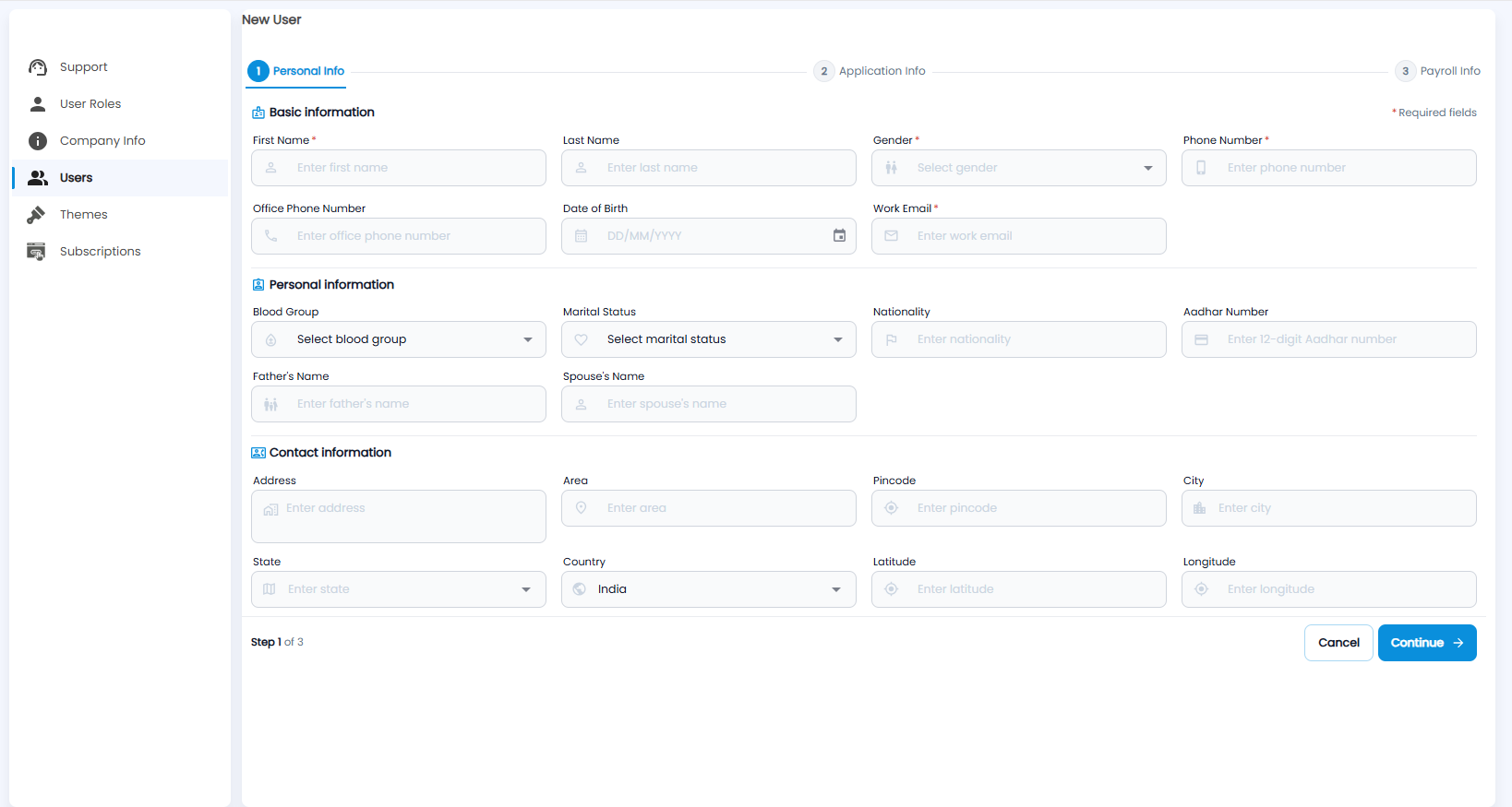 Tazk CRM New User, step 1 Personal Info: basic, personal and contact information