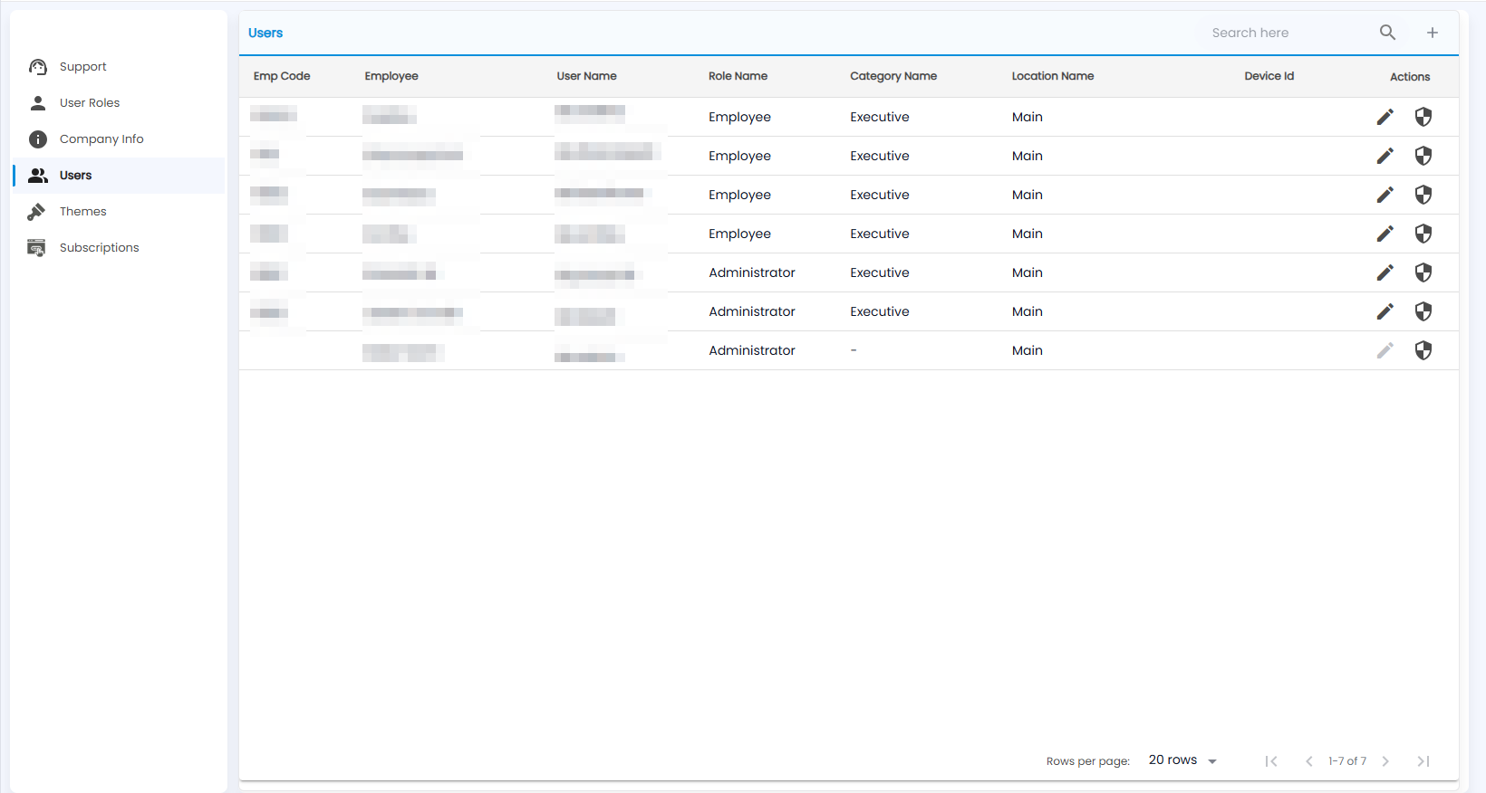 Tazk CRM Settings, Users list with employee code, employee, user name, role, category, location, device ID and actions (names hidden)