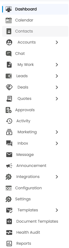 Tazk CRM sidebar menu from Dashboard to Reports, with Accounts, My Work, Leads, Deals, Quotes, Marketing, Inbox, Integrations and Templates showing an arrow