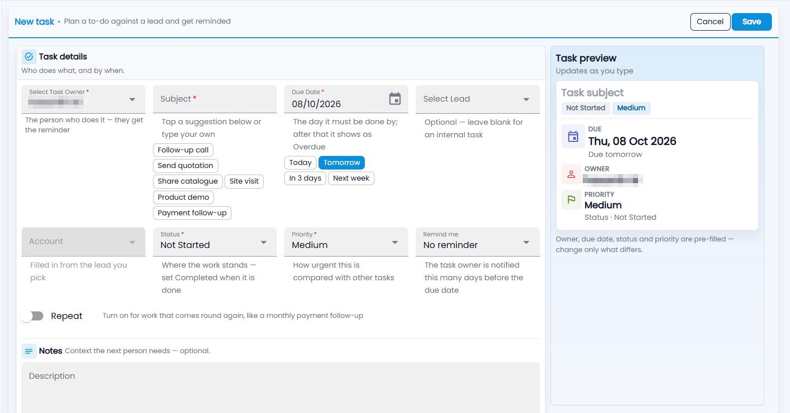 Tazk CRM New task form: task owner, subject with suggestions, due date with quick picks, lead, account, status, priority, remind me, repeat and notes, with a task preview on the right (owner name hidden)