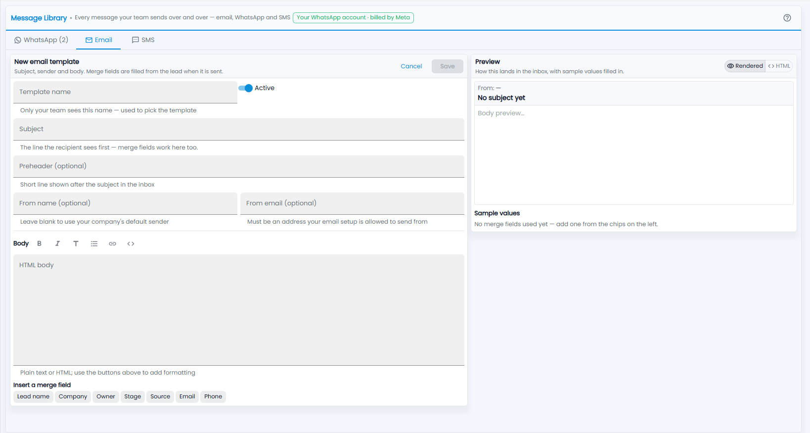 Tazk CRM New email template with template name, Active, subject, preheader, from name, from email, the HTML body, merge fields and a preview