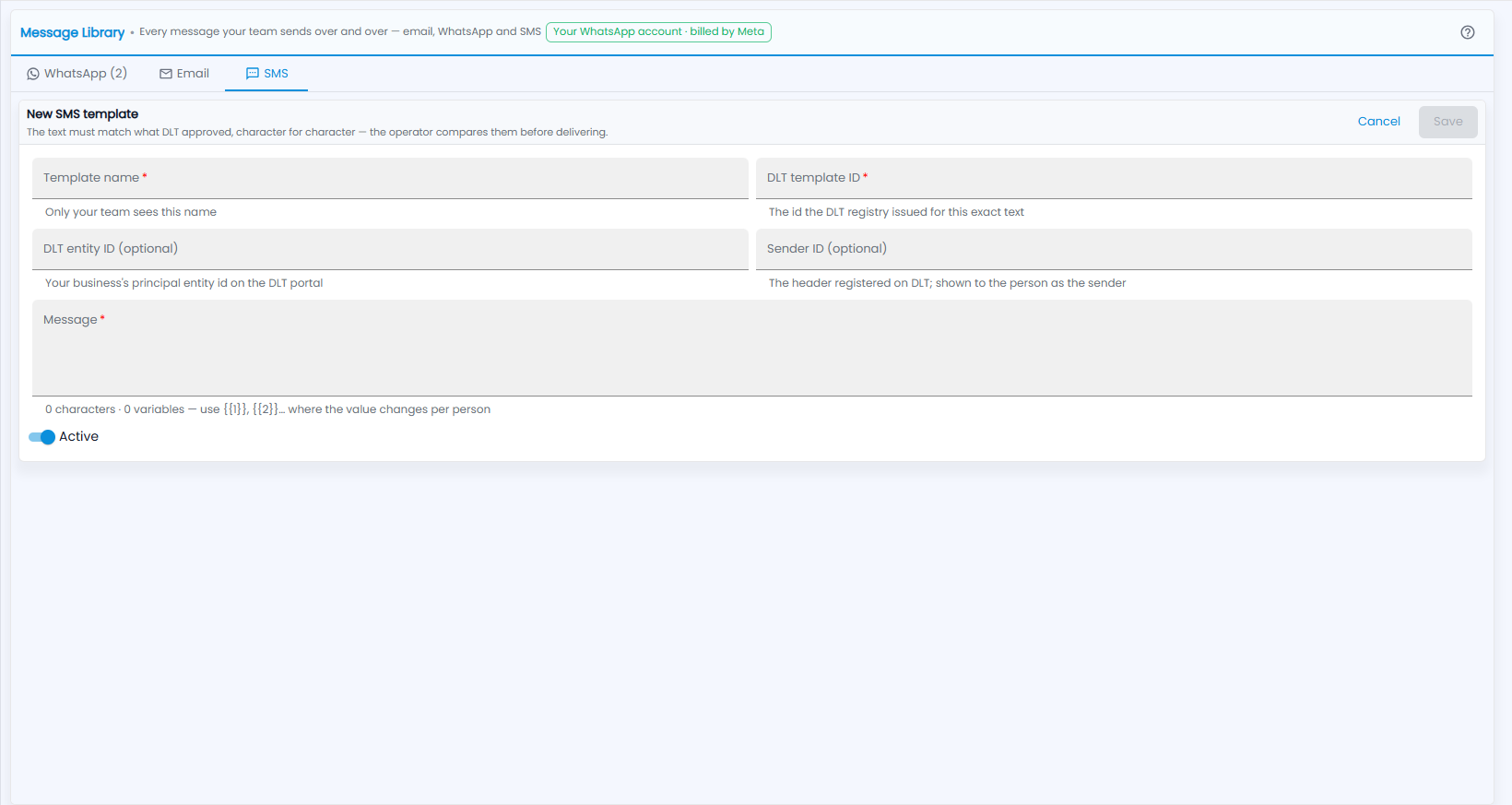 Tazk CRM New SMS template with template name, DLT template ID, DLT entity ID, sender ID, message and Active