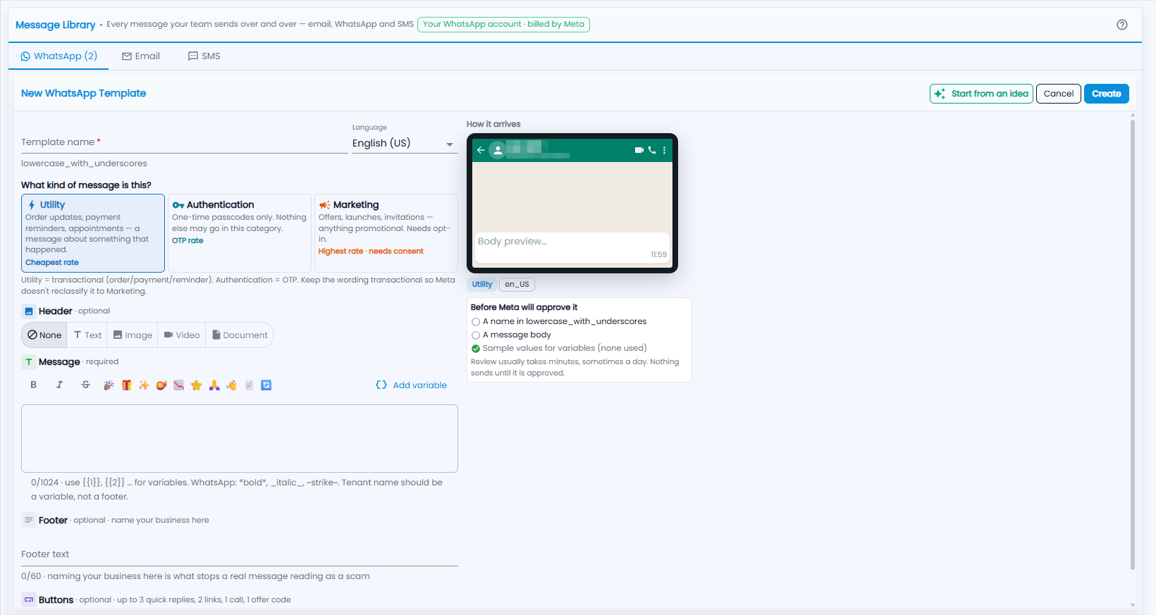 Tazk CRM New WhatsApp Template with template name, language, message kind, header, message, footer and buttons, a How it arrives preview and Before Meta will approve it (business name hidden)