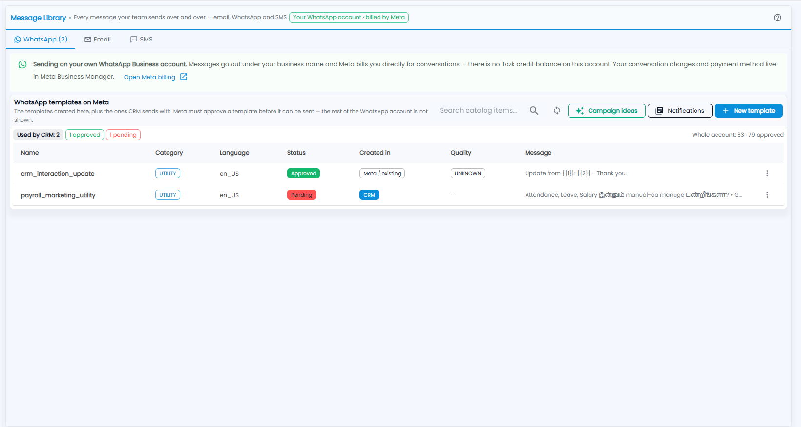 Tazk CRM Message Library on the WhatsApp tab: the billing notice, and WhatsApp templates on Meta with name, category, language, status, created in, quality and message