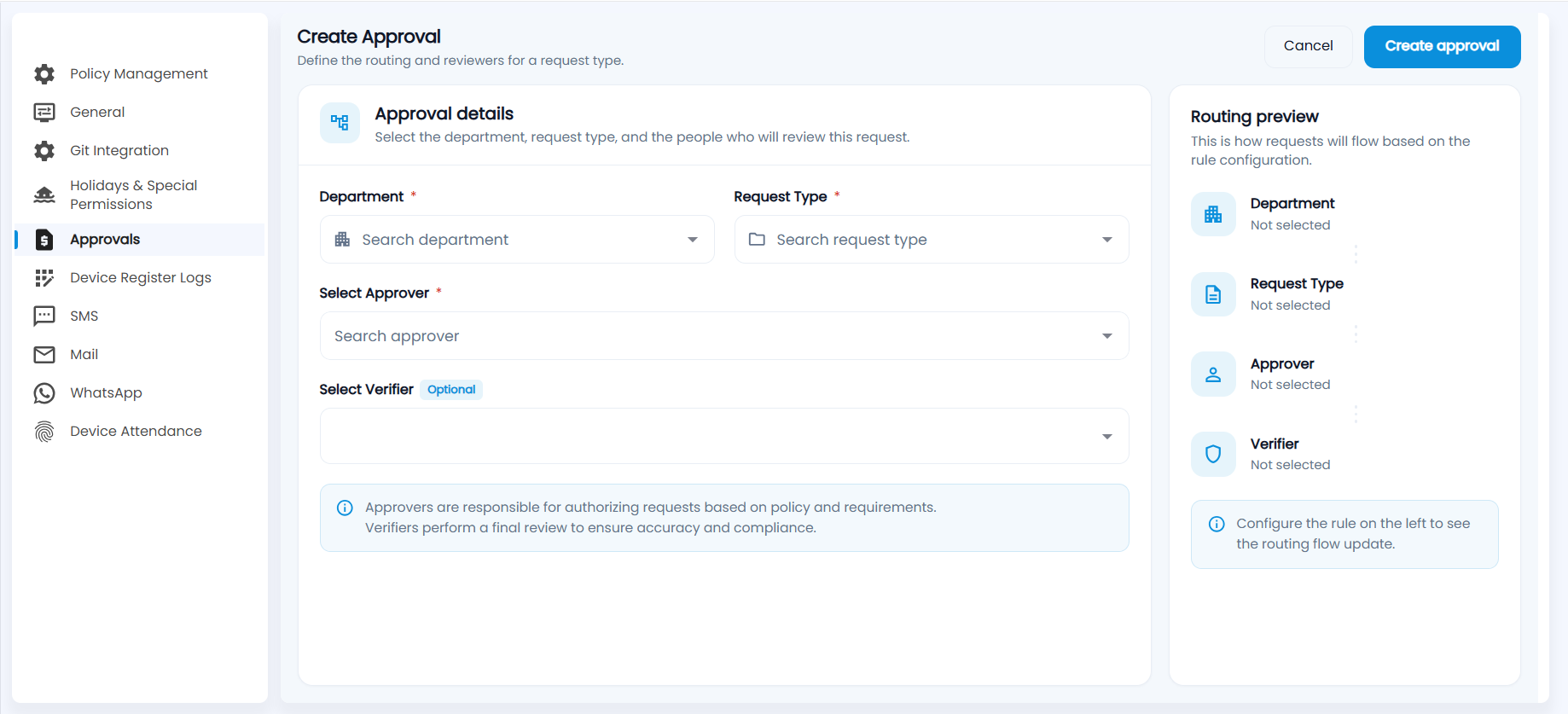 Tazk Payroll Create Approval with Department, Request Type, Select Approver and Select Verifier and the Routing preview