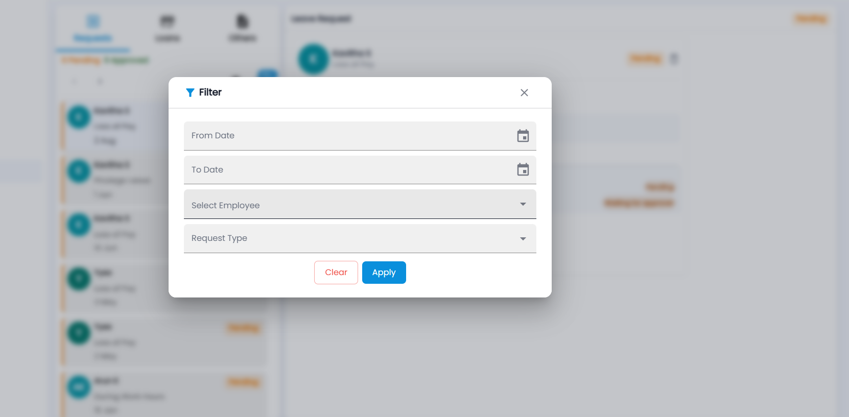 Tazk Payroll Approvals Filter dialog with From Date, To Date, Select Employee and Request Type fields and Clear and Apply buttons