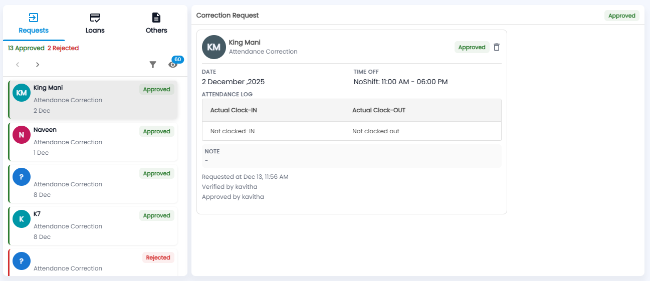Approvals page showing Requests, Loans, and Others tabs with request list and details panel