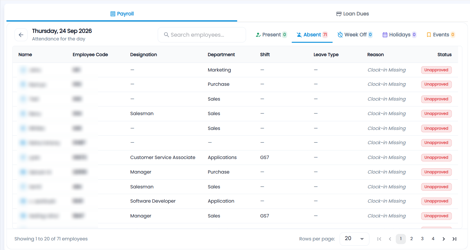 Tazk Payroll Calendar day view, Payroll tab, Absent list with employee, designation, department, shift, leave type, reason and status