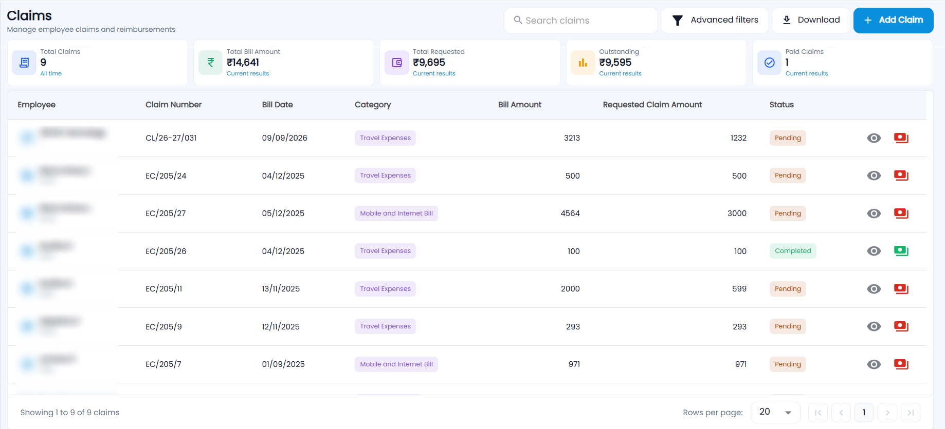 Tazk Payroll Claims page with Total Claims, Total Bill Amount, Total Requested, Outstanding and Paid Claims cards and the claims list with status and payment icons