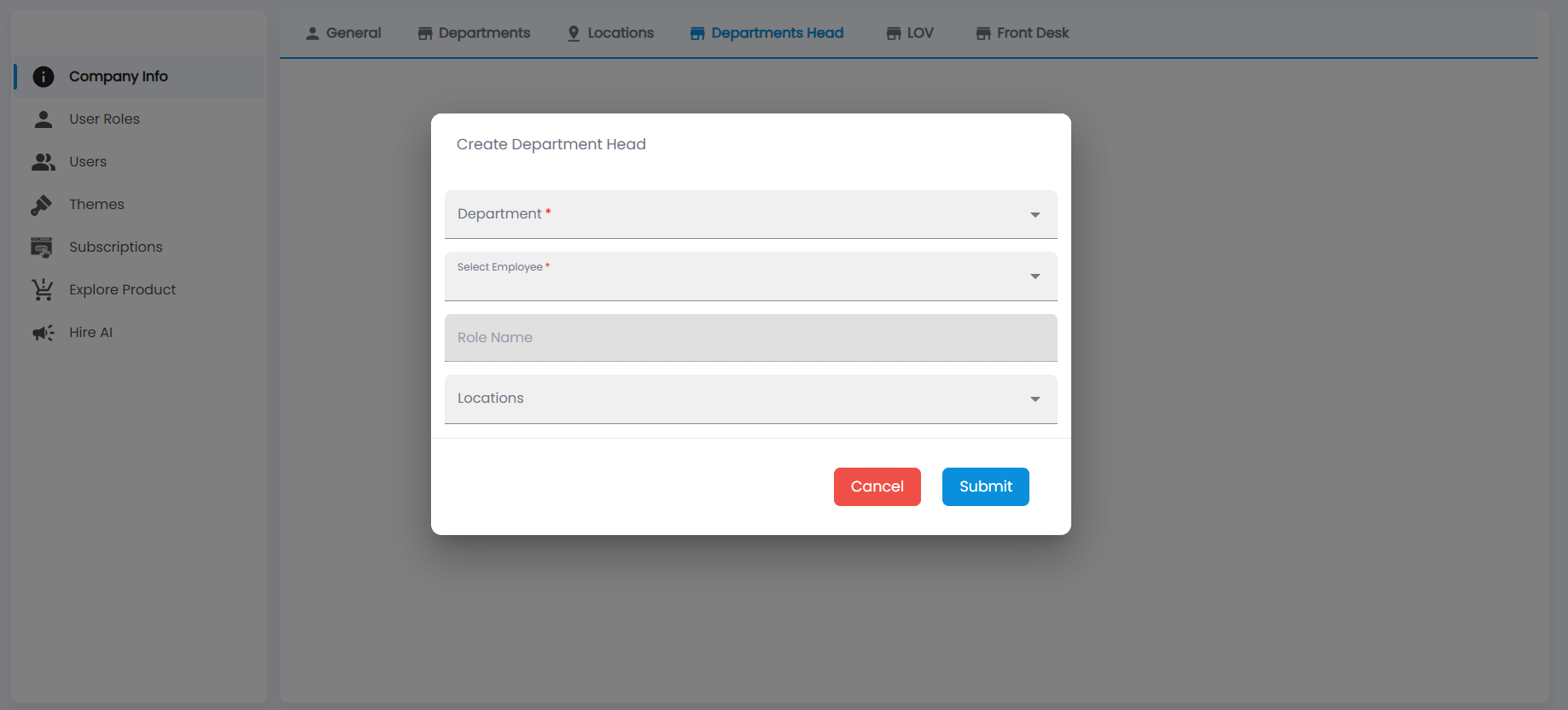 Tazk Payroll Create Department Head dialog with Department, Select Employee, Role Name and Locations
