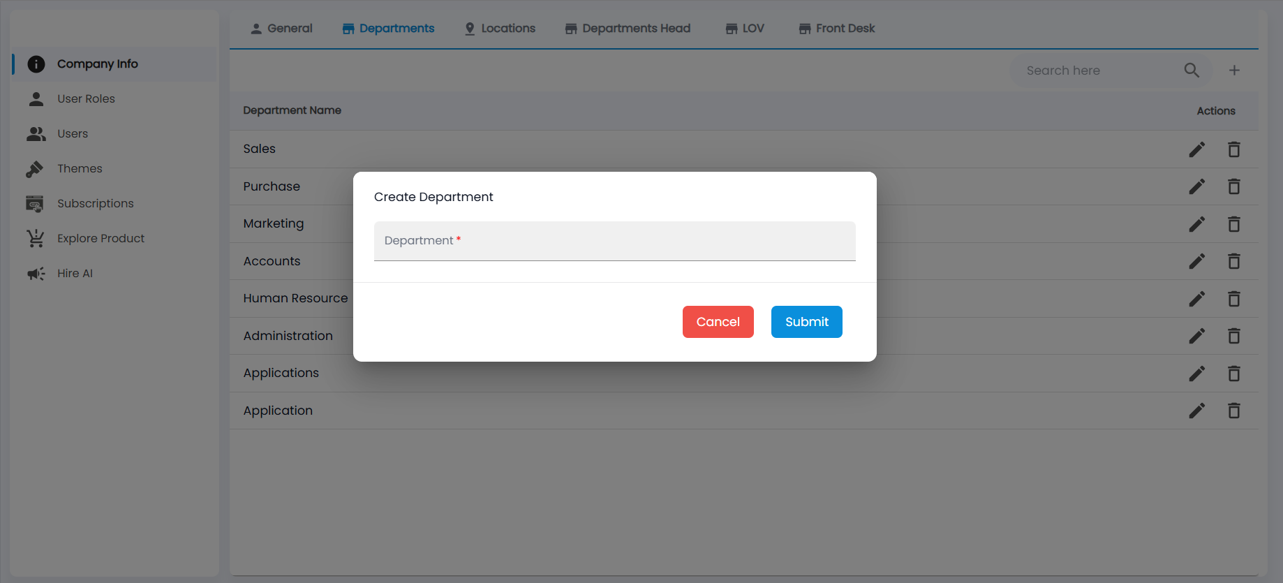 Tazk Payroll Create Department dialog with the Department field
