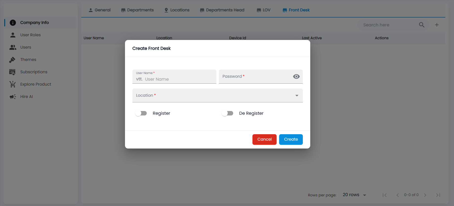 Tazk Payroll Create Front Desk dialog with User Name, Password, Location and the Register and De Register switches