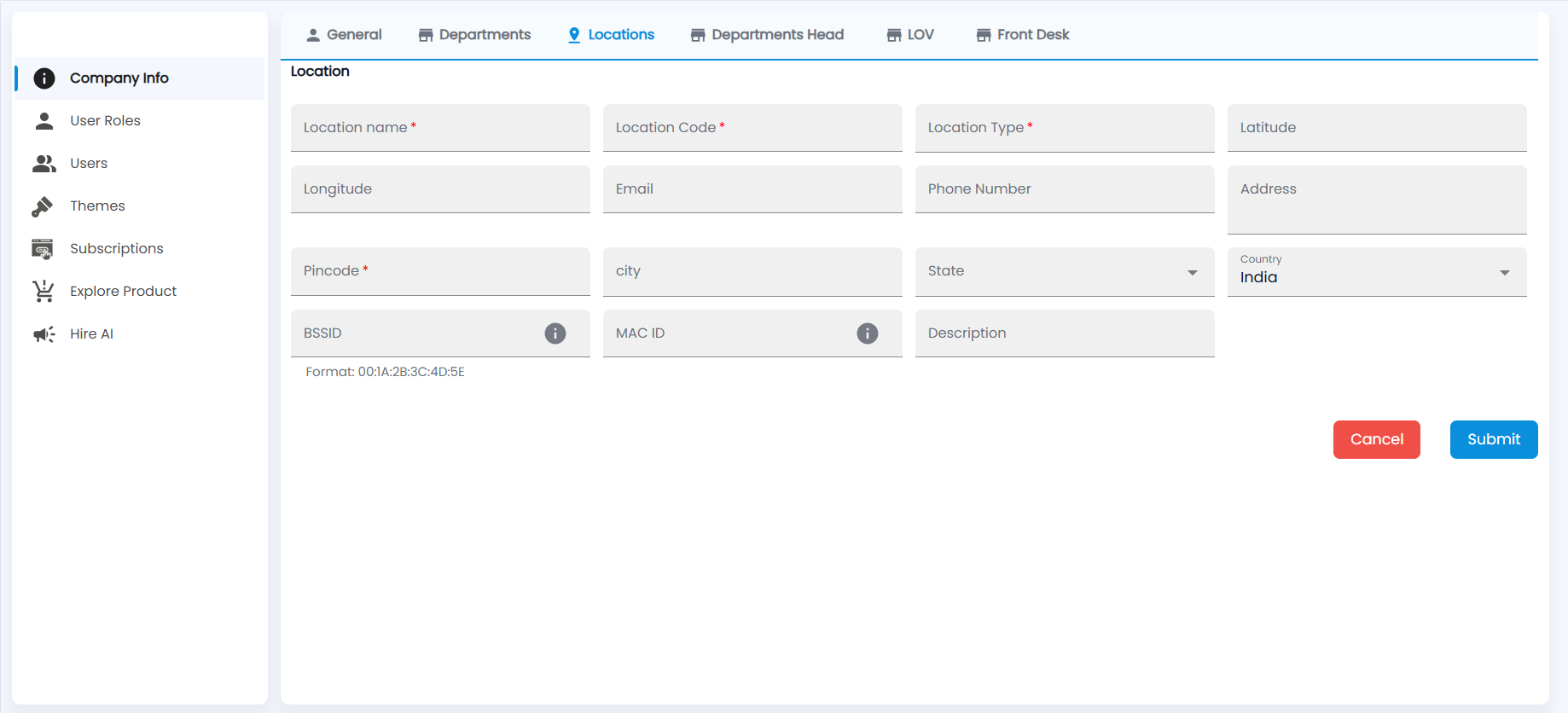 Tazk Payroll Location form with name, code, type, latitude, longitude, email, phone, address, pincode, city, state, country, BSSID, MAC ID and description