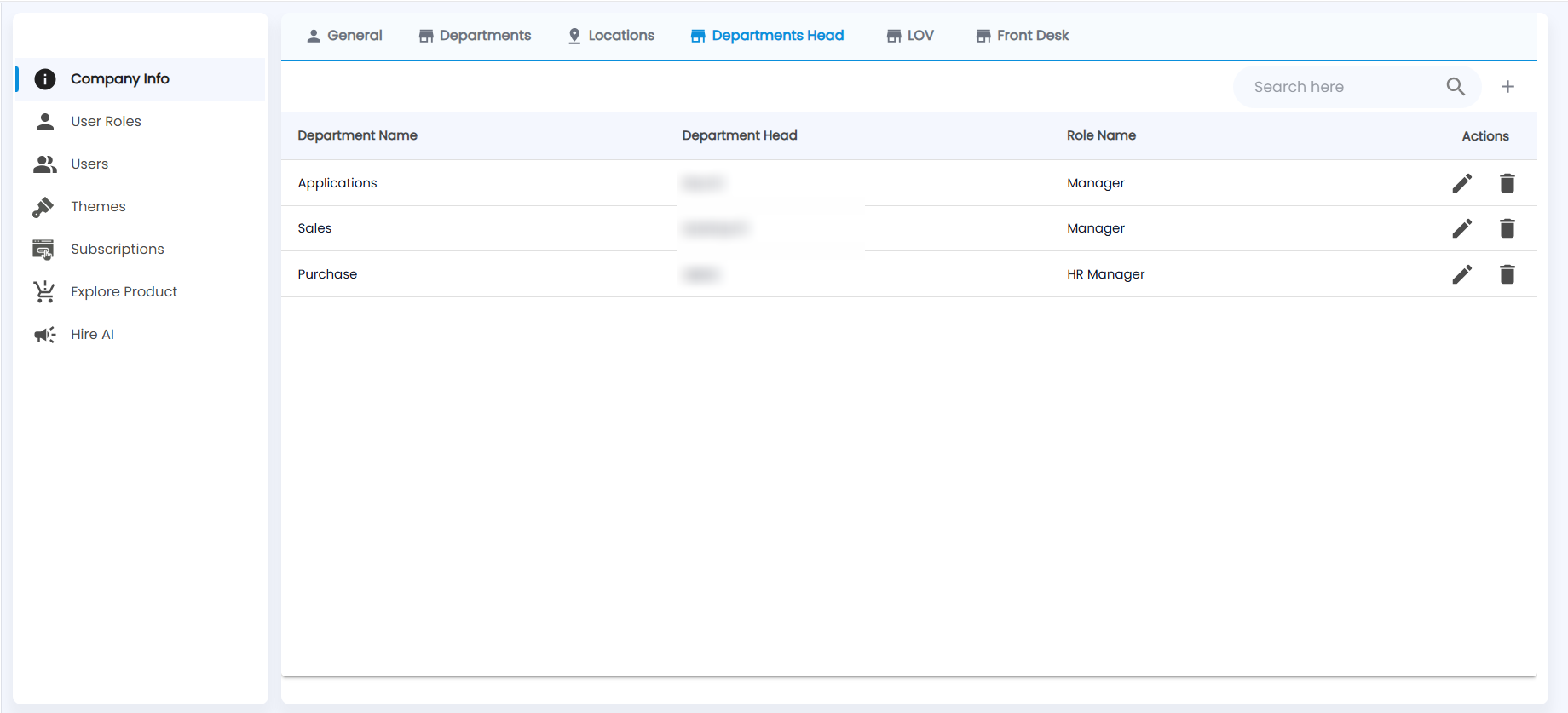 Tazk Payroll Company Info Departments Head tab with department, department head and role name