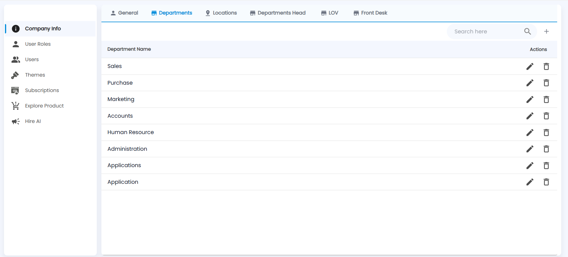 Tazk Payroll Company Info Departments tab with the department list, search and add