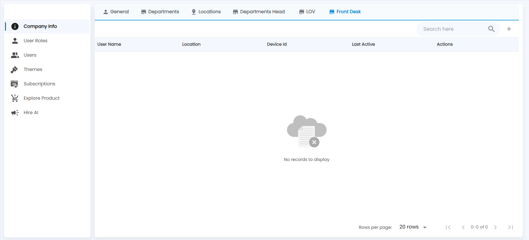 Tazk Payroll Company Info Front Desk tab with user name, location, device ID, last active and actions