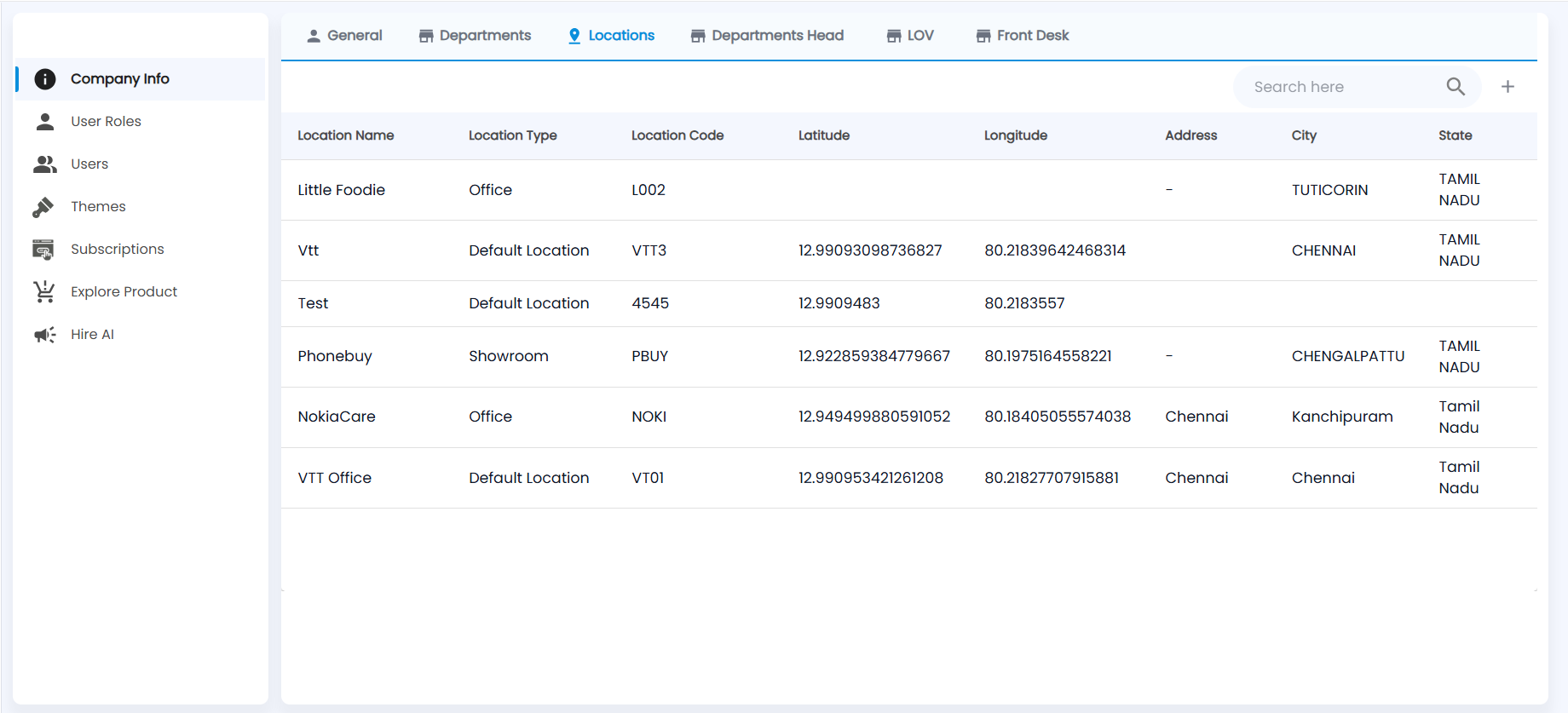 Tazk Payroll Company Info Locations tab with location name, type, code, latitude, longitude, address, city and state