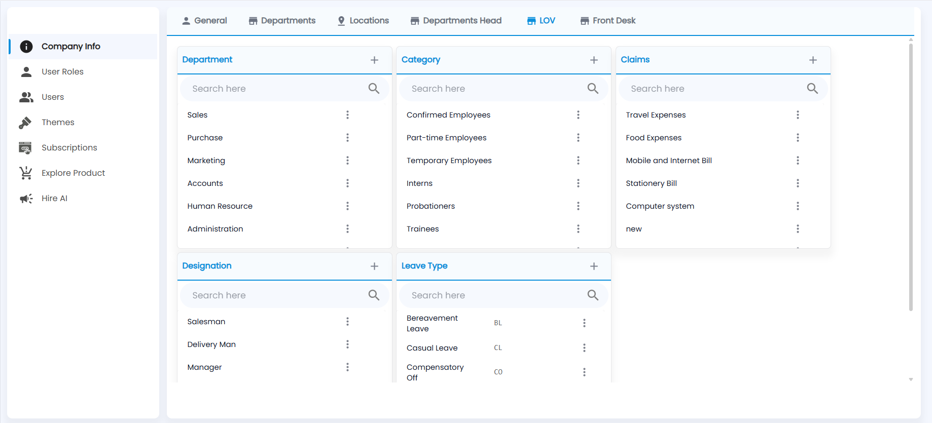Tazk Payroll Company Info LOV tab with the Department, Category, Claims, Designation and Leave Type lists