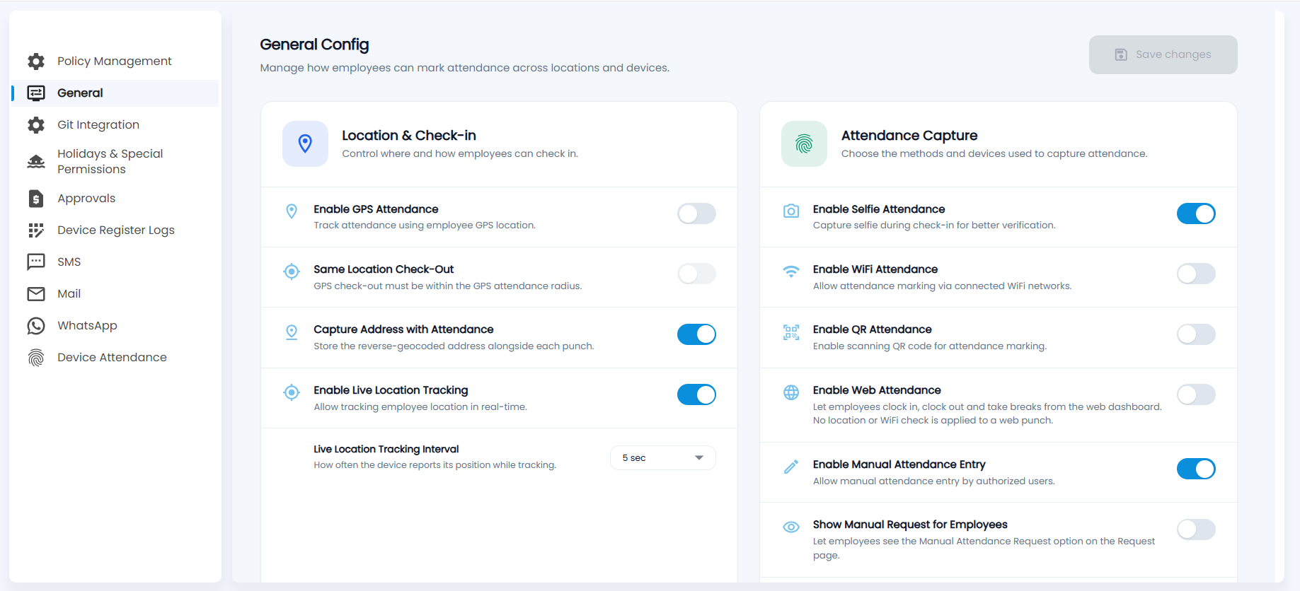 Tazk Payroll General Config with the Location & Check-in and Attendance Capture panels and their switches
