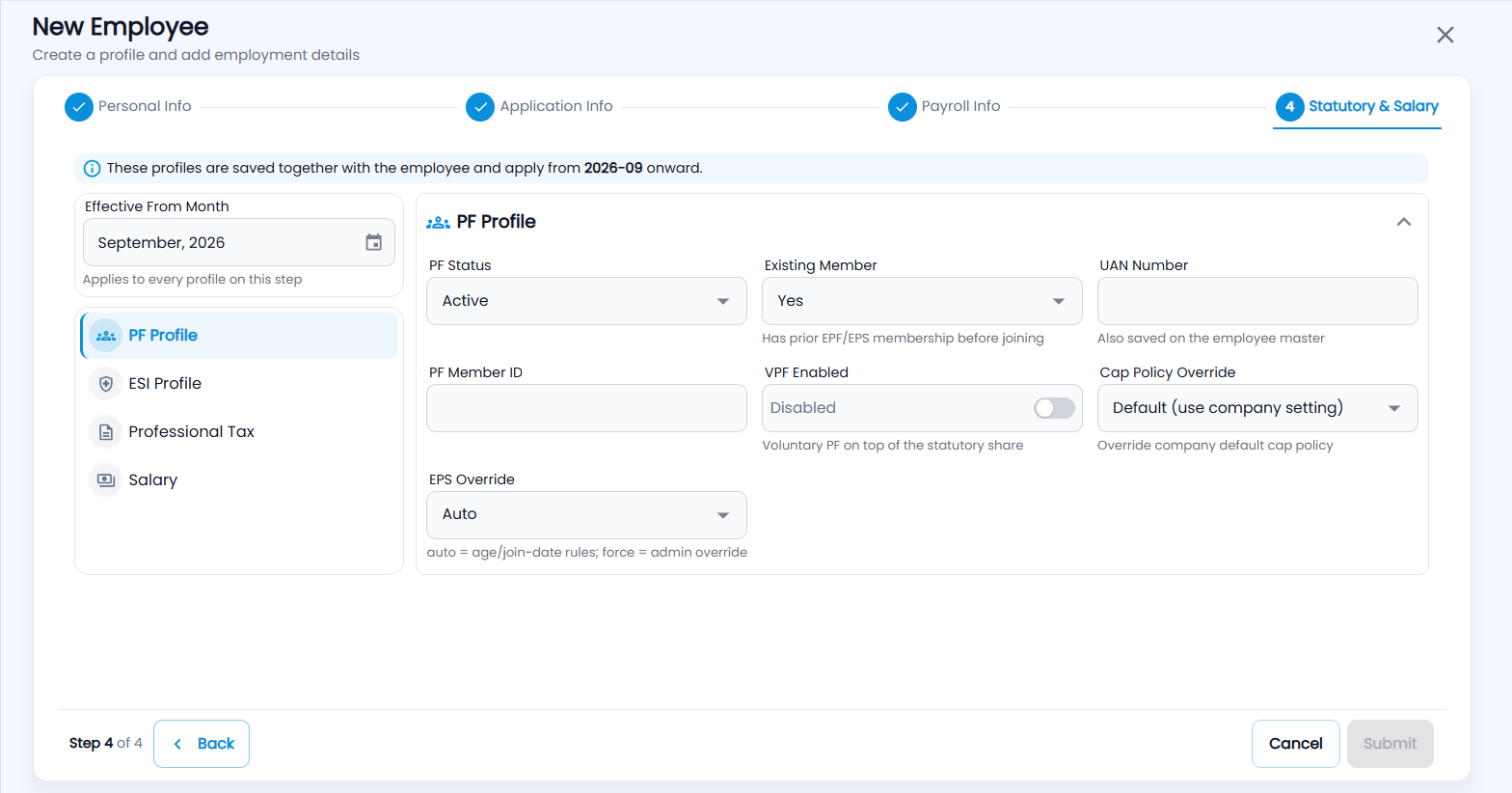 Tazk Payroll New Employee form, step 4 Statutory & Salary, with Effective From Month and the PF Profile section
