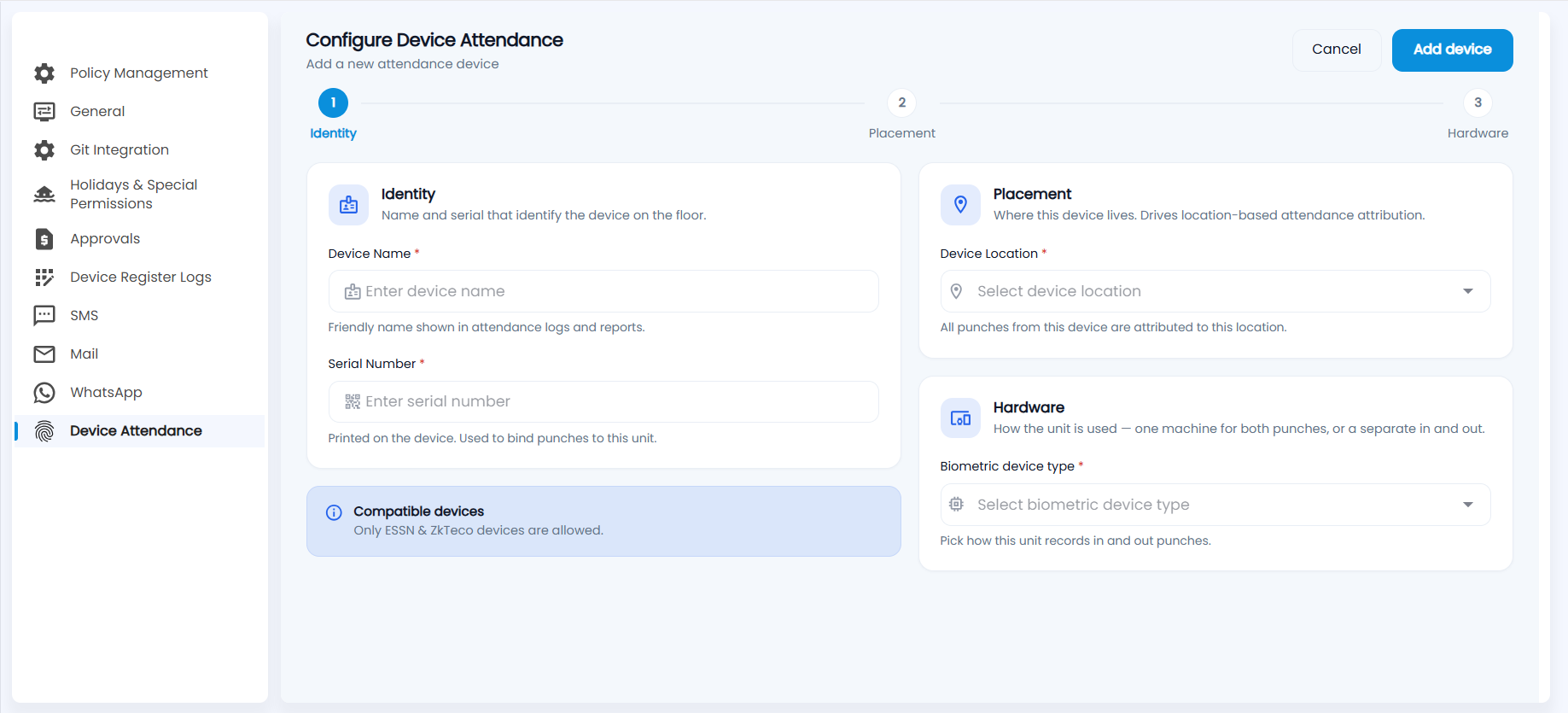 Tazk Payroll Configure Device Attendance with the Identity, Placement and Hardware steps
