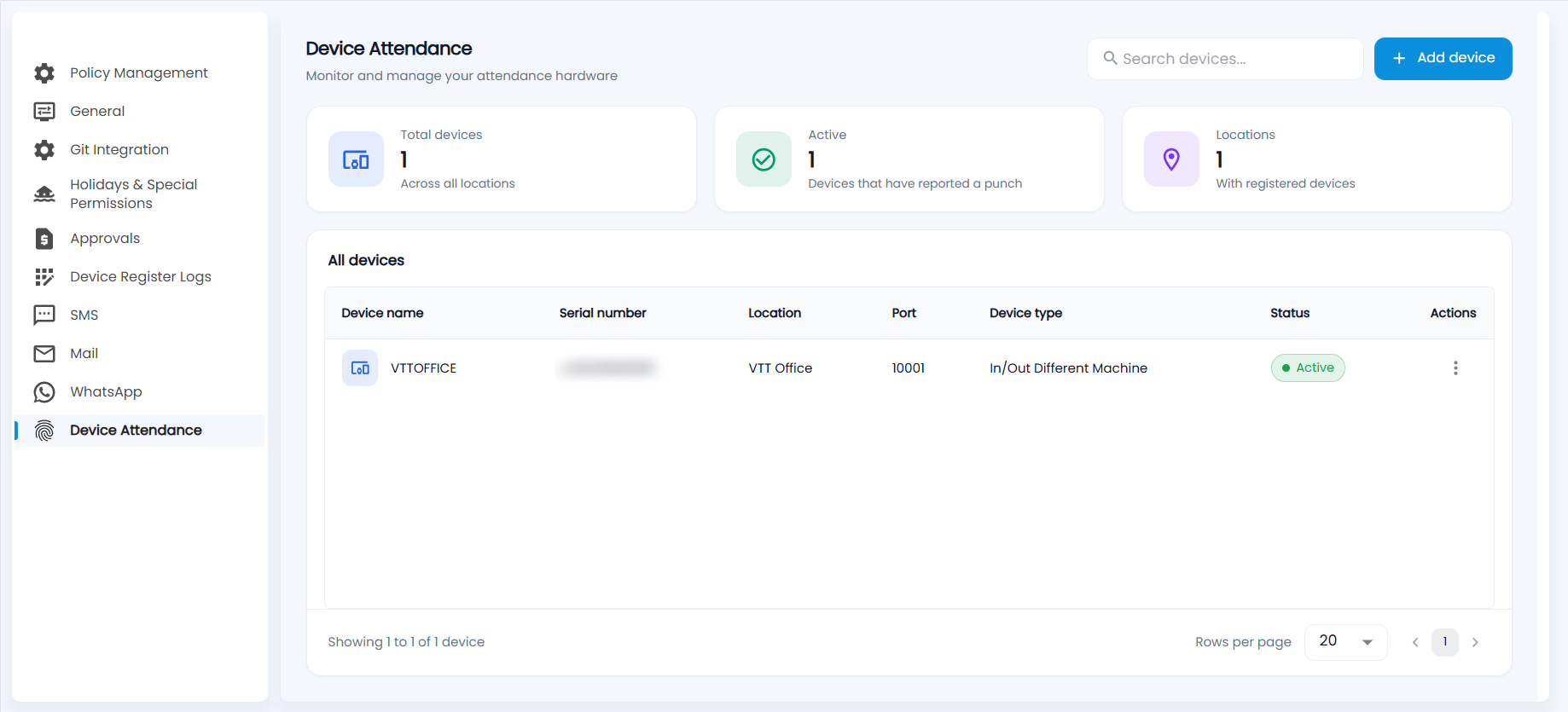 Tazk Payroll Device Attendance with Total devices, Active and Locations cards and the All devices list