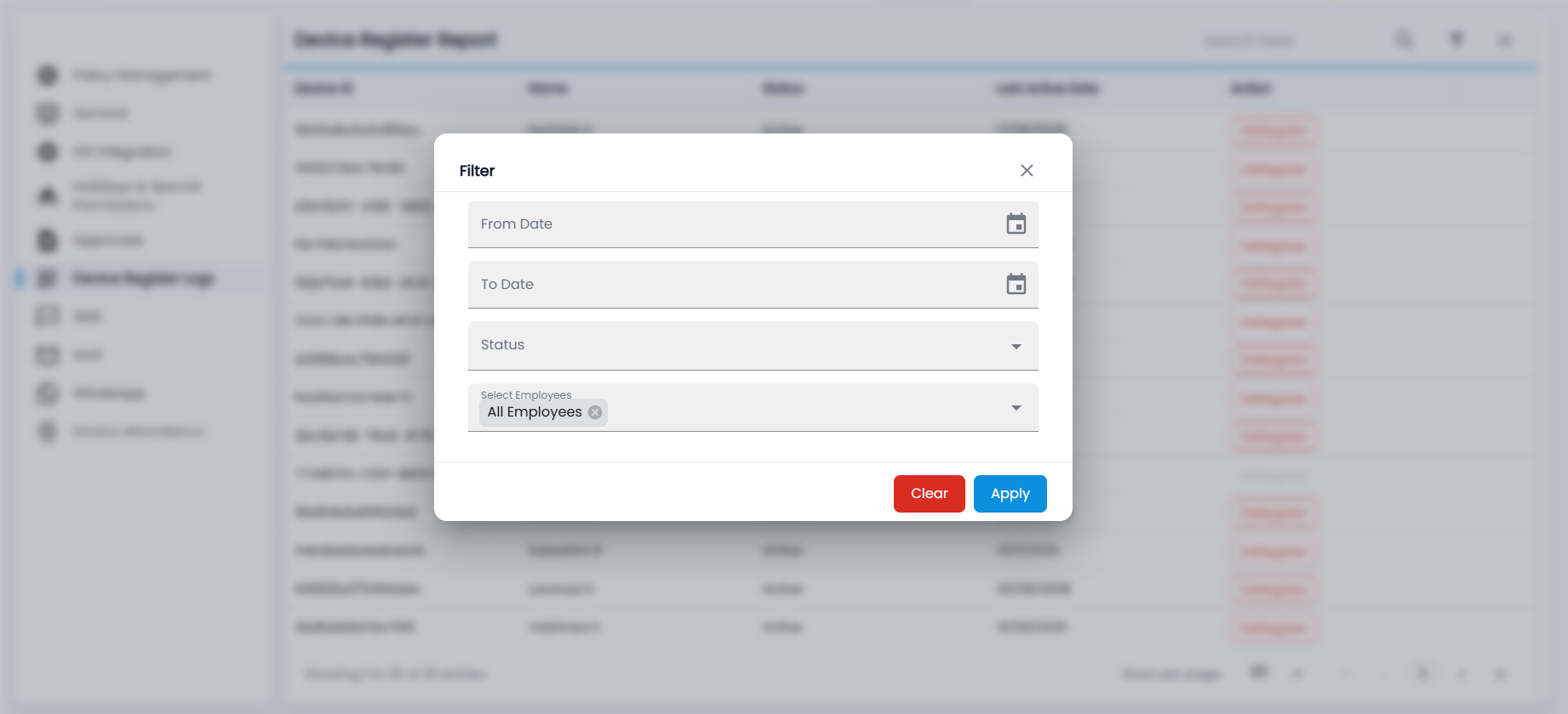 Tazk Payroll Device Register Report filter with From Date, To Date, Status and Select Employees