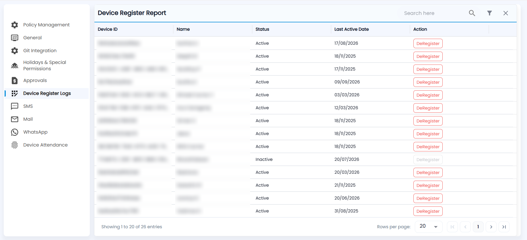 Tazk Payroll Device Register Report with device ID, employee name, status, last active date and DeRegister